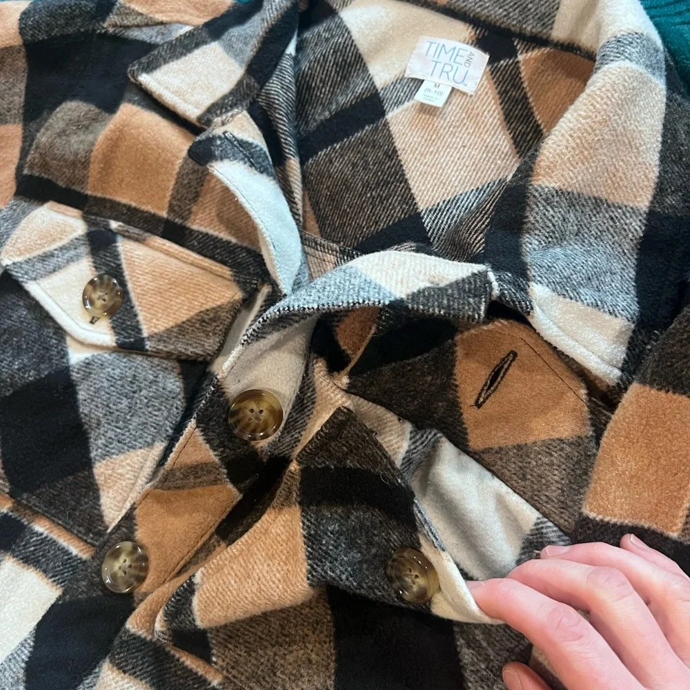 Time & True Plaid Shacket Pockets Black,Tan,&White Cottagecore Whimsy Urban - Picture 4 of 11